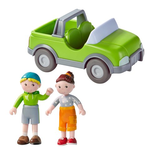 HABA Little Friends Out and About Playset with 2 Toy Figures and Green Momentum Motor Vehicle