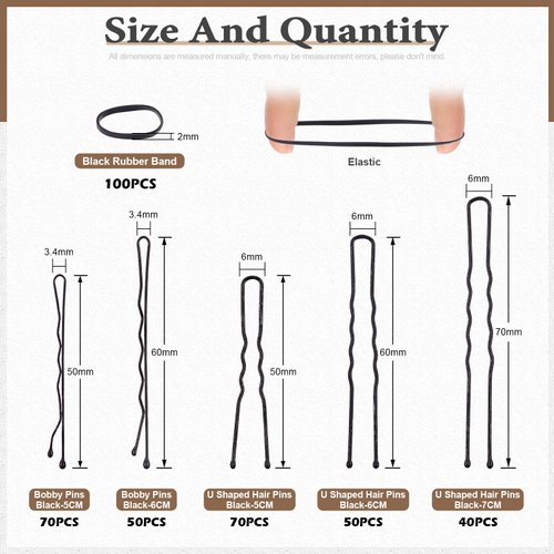 Wokape 380Pcs 2 Inch Black Bobby Pins and 2.4 Inch U Shaped Hair Pins with Black Rubber Bands Soft Elastic Bands Assortment Kit, Blonde Hair Pins for Buns Women Girls with Storage Box