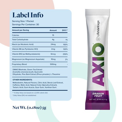 AXIO Regular Energy Drink Powder, Dragonfruit - 30 Drink Mix Packets, Instant Energy Powder, Energy Supplement in a Drink Mix, w/B Vitamins, DMAE, L-Theanine, Quercetin, Green Tea & Pine Bark Extract
