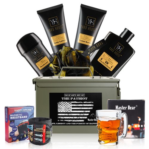 MASTER BEAR Ammo Can Gift Set For Men | Birthday Fathers Day Gifts From Wife, Son, Daughter for Husband, Dad | Glass Mug, Wristband, Sandalwood Amber - Bath Body Wash, Body Lotion, Facial Scrub mor