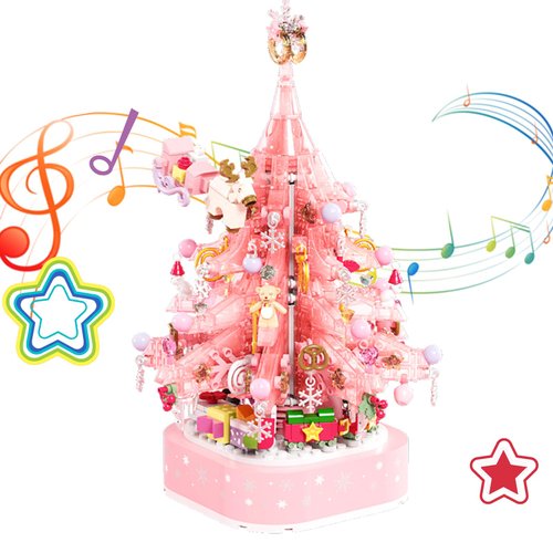 Pink Crystal Christmas Tree Building Block Set Christmas Tree Building Blocks Christmas Music Box with LED Light Rotating Christmas Bricks Toy for Adults Girls Musical Blocks Toy 675PCS for Adult Kid