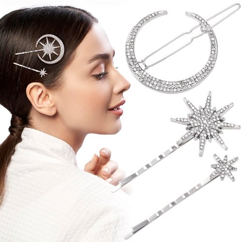 ANCIRS 3 Pcs Rhinestone Moon Star Hair Clips, Crystal Silver Hair Pins Bobby Pins, Vintage Celestial Hair Accessories for Women, Bride, Wedding (Silver)
