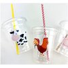 Farm Party Cups, Barnyard Birthday Supplies, Plastic Disposable Cups with Lids and Paper Straws, Set of 12