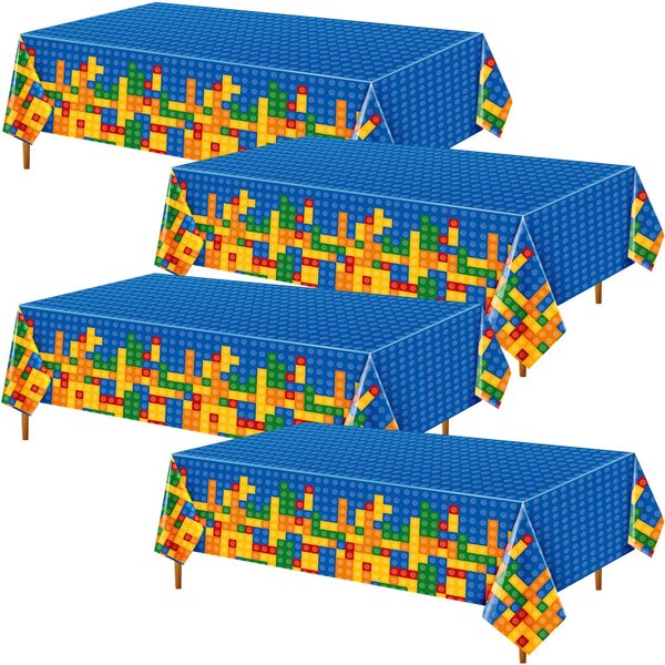 Oudain 4 Pcs Building Block Tablecloths Colorful Building Blocks Birthday Party Decorations 54 x 108 Inch Disposable Plastic Brick Table Cover Waterproof Block Themed Party Supplies (Blue)