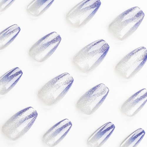 IFMOPETY Glossy Blue Galaxy Long Coffin Press On Nails，Blue Gradient Cat Eyes，Reusable Pretty Jelly Blue Nails for Daily Life，False Nails Set in 12 Sizes - 24 pcs Nail Kit
