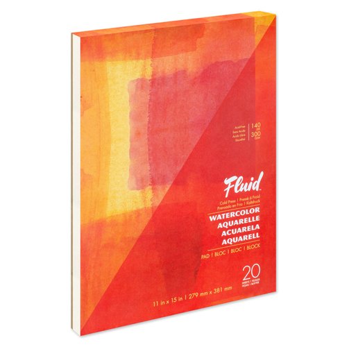 Fluid Artist Watercolor Pad, 140 lb (300 GSM) Cold Press Paper Pad for Watercolor Painting and Wet Media, Fold Over, 11 x 15 inches, 20 White Sheets