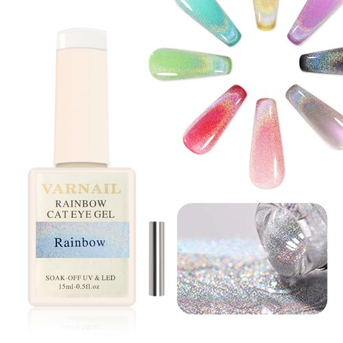 VARNAIL Rainbow Holographic High Density Glitter Cat Eye Nail Gel Polish 15 ml, Universal Rainbow Magnetic Cat Eye Gel Polish with Magnet