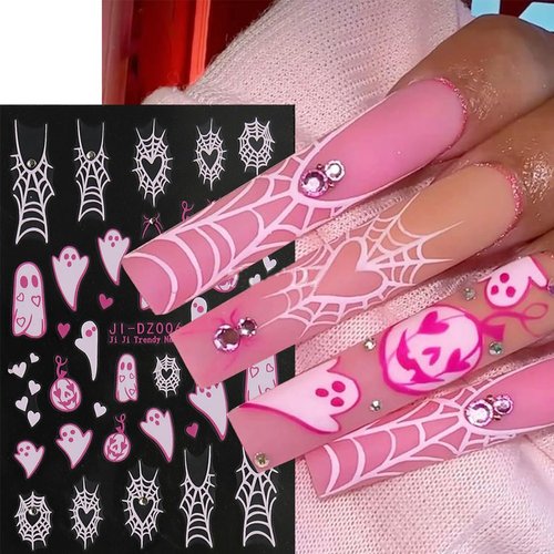 Halloween Nail Stickers for Nail Art Spider Pink White Ghost Spider Web Nail Art Decals 3D Self-Adhesive Halloween Nails Rhinestones Designs Charms Spider Stickers for Women Manicure Decoration 4Pcs