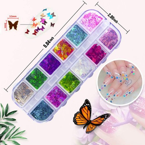 JOYJULY 3D Holographic Butterfly Nail Glitter 24 Color/Set Butterfly Nail Glitter Sequins Laser Butterfly Nail Sequin Acrylic Paillettes for Nail Art Decoration & DIY Crafting