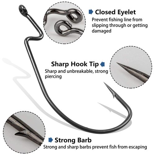 Offset Bass Fishing Hooks, 100pcs Wide Gap Worm Hooks 3X High Carbon Steel Bait Jig Fish Hooks for Bass Trout Saltwater Freshwater
