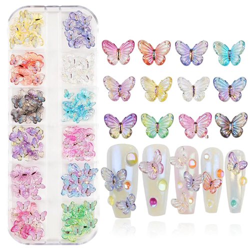 COOSLIM 108 Pcs Butterfly Bow Nails, Butterfly Bowknot Nail Charms Kit,3D Mix Color Aurora Butterflies Shape Bows Nail Art Decorations, Butterfly Nail Charms for DIY Crafts Design B11
