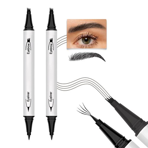 2Pcs Microblading Eyebrow Pen,Magical Precise Waterproof Brow Pen 2-in-1 Dual-Ended Eye Brow Pencil,Eyebrow Contouring Pen with 4-Fork-Tip&Precise Brush-Tip Creates Natural Brows Makeup,Black