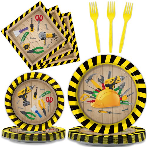 chiazllta 96 Pcs Handyman Tools Party Paper Plate and Napkins Construction Birthday Party Decorations Little Builder Handy Party Paper Plates Napkins Forks for Party Favors 24 Guests
