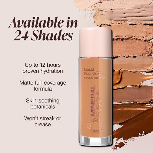 Mineral Fusion Full Coverage Foundation, Liquid Foundation - Olive 1- Light Complexion w/Olive/Green Undertones, Lightweight Matte Finish, Up to 12 Hr Hydration, Hypoallergenic & Vegan, 1 fl. oz