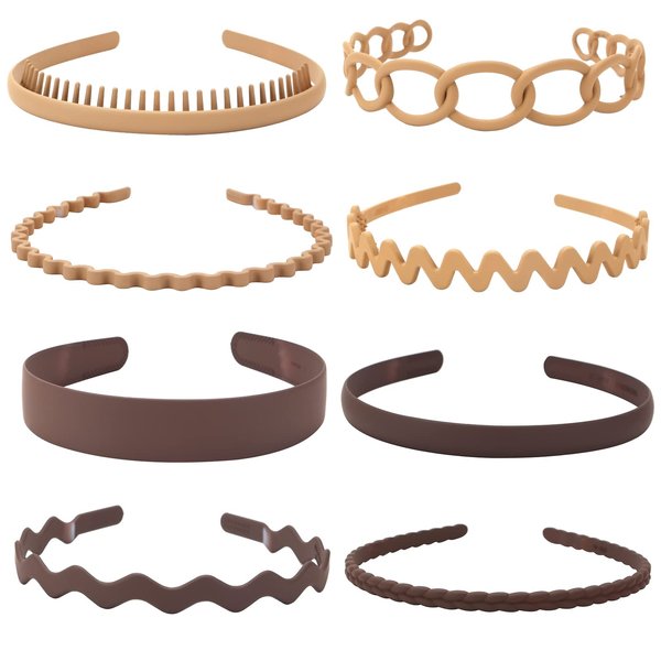 Unisex Hair Band 8Pcs Plastic Headband with Teeth Head Bands Combing Hairbands Wavy Outdoor Sports Headbands for Men's Hair Band Hoop Clips Women Accessories Non Slip Head Band Headwear,Khaki and Coffee