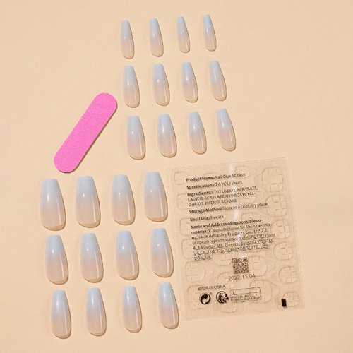 DANMANR Square Fake French Nails False Long Nails Full Cover Acrylic Long Fake Nails for Women and Girls 24PCS (Blue shiny)