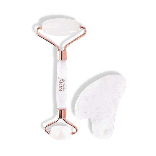 MY SHEEN SKIN Cristy Premium Face Roller & Gua Sha Set, Jade Roller Beauty Massage Tool, for Face, Neck and Body Muscle Relaxing, Relieve Fine Lines and Wrinkles Crystal Clear Quartz (White)