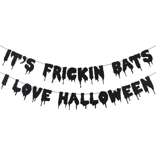 Black Glittery It&#39;s Frickin Bats I Love Halloween Banner- Halloween Theme Party Decorations,Hallo...