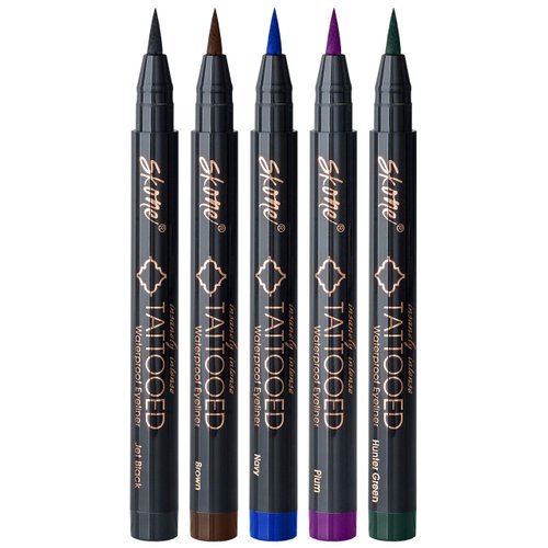 Skone Cosmetics Insanely Intense Tattooed Eyeliner Pen - 5-piece Set - Waterproof Liquid Eyeliner, Sweat Proof, Smudge Proof Liquid Eyeliner - 5 Bold Colors (Black, Brown, Navy, Plum, Hunter Green)