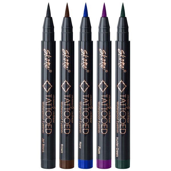 Skone Cosmetics Insanely Intense Tattooed Eyeliner Pen - 5-piece Set - Waterproof Liquid Eyeliner, Sweat Proof, Smudge Proof Liquid Eyeliner - 5 Bold Colors (Black, Brown, Navy, Plum, Hunter Green)