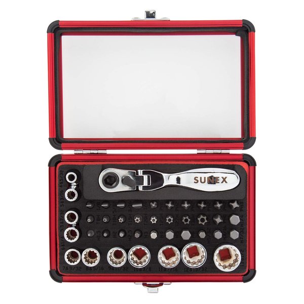 SUNEX TOOLS 9732 44Pc 1/4" Dr Mini Dual Flex Head RATCHET W Socket & Bit Set