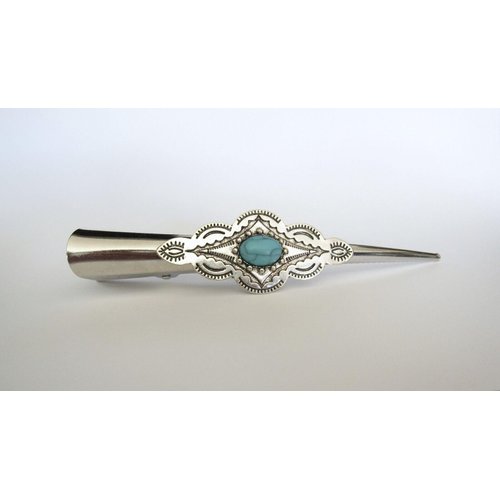 Generic Long turquoise blue stone silver metal tribal design alligator hair clip