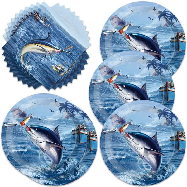 MASGY 40pcs Gone Fishing birthday Party Supplies,include 20 dessert plate, 20 Napkin,For boys and girls Gone Fishing birthday party supplies，Used for Fishing birthday Party Decoration (Gone Fishing)