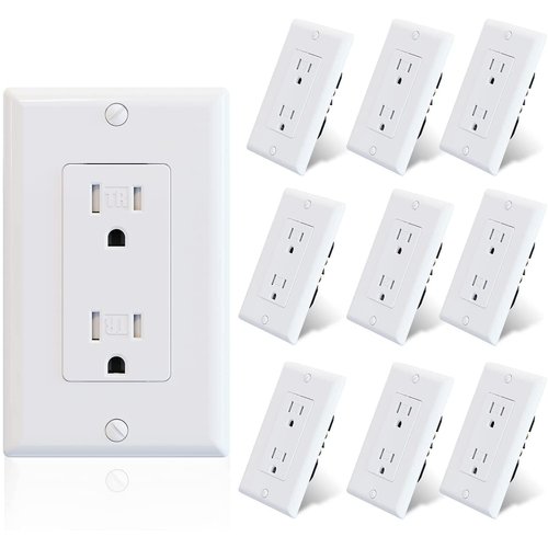 ELEGRP Decorator Wall Receptacle Outlet, Tamper Resistant 15 Amp Standard Electrical Wall Outlet, Residential Grade, Self-grounding, 125V, Wall Plate Included, UL Listed, Glossy White, 10 Pack