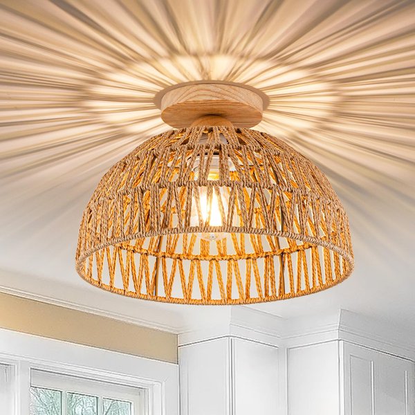 OCWHT Boho Chandelier Rattan Ceiling Light Fixtures Boho Lamp Shade Flush Mount Ceiling Light Hand-Woven Small Chandelier Light Wooden Base Chandelier for Hallway Bedroom Kitchen Nursery Chandelier