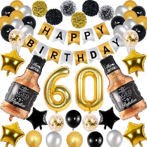 NANINUNENO 60th Gold Birthday Decorations, Gold Black Silver Happy Birthday Balloons Supplies for Boy Men Girl Women, 60 Birthday Party Set with 60 Gold Number Balloons Happy Birthday Banner