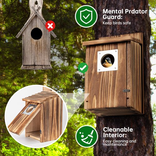 Bird Houses for Outside with Metal Predator Guard for Bluebird Wren Swallow Finch, Carbonized Wooden Nesting Boxes for Outdoor, Sturdy Bird House,Easy to Clean
