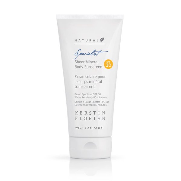 Kerstin Florian Sheer Mineral Body Sunscreen SPF 30, Waterproof UVA/UVB Sun Protection with Natural Zinc Oxide, Reef Safe Fragrance-Free Formula for Sensitive Skin to Moisturize & Protect, 6 fl oz