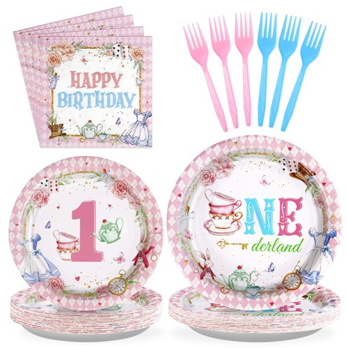 96Pcs Wonderland 1st Birthday Party Supplies 350GSM Onederland 1st Birthday Paper Plates Napkins Forks Disposable Tableware Set for Girls Fairy First Birthday Decorations Tea Party Baby Shower Serve24