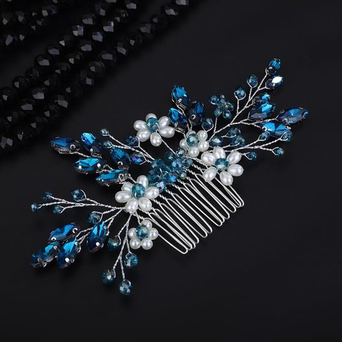 Teyglen Flower Pearl Bride Wedding Hair Comb Blue Crystal Hair Comb Bridal Hair Piece Decorative Hair Accessories for Bride Rhinestone Headpiece for Women Grils (Peacock blue)
