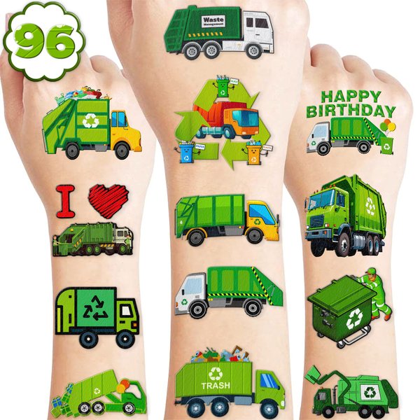 111 PCS Garbage Truck Trash Temporary Tattoos Themed Birthday Party Supplies Decorations Favors Decor Cute Waste Management Recycling Tattoo Stickers Gifts For Boys Girls Class Prizes Carnival