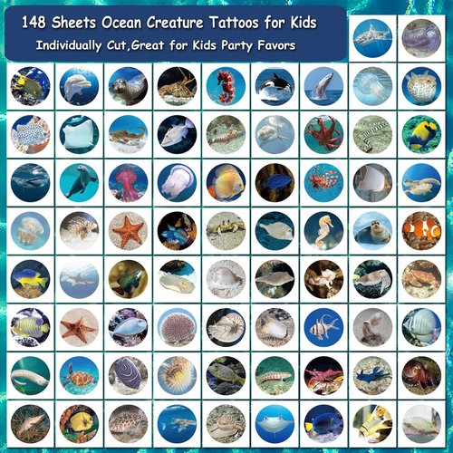 CHARLENT Ocean Animals Temporary Tattoos for Kids - 148 Individually Sheets Sea Creature Tattoos for Boys Girls Ocean Birthday Party Favors Goodie Bag Fillers