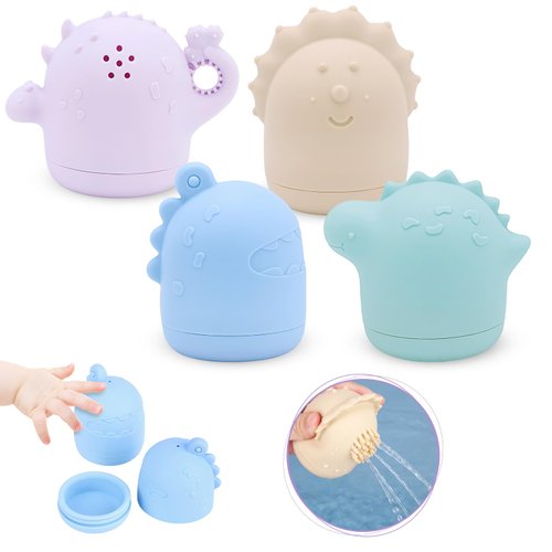 Mold Free Bath Toys, iselyn 4Packs Bath Toys for Toddlers Silicone Baby Bath Toys Non-Toxic Squeezable Bathtub Toys for Infants-Dinosaurs
