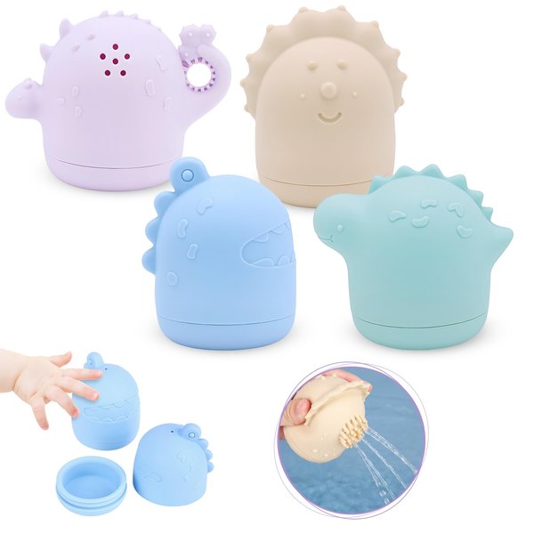 Mold Free Bath Toys, iselyn 4Packs Bath Toys for Toddlers Silicone Baby Bath Toys Non-Toxic Squeezable Bathtub Toys for Infants-Dinosaurs