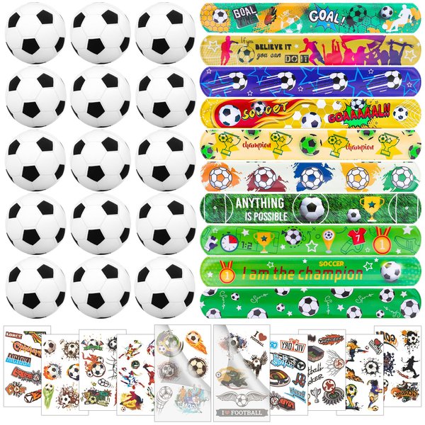 Moncinday 60Pcs Soccer Party Favors Mini Foam Ball with Soccer Slap Bracelets Tattoos Soccer Themed Birthday Party Supplies Goodie Bags Filler