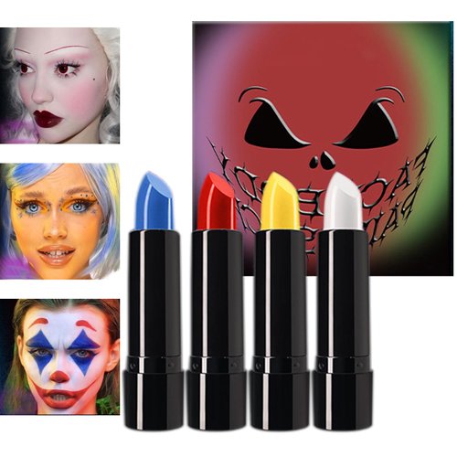 Dulele 4 Colors Matte Lipstick Set, Vampire Lipstick for Women, Long-Lasting Wear Not Fade Lip Gloss, Nonstick Cup Lipstick for Party, Cosplay, Halloween Makeup/White/Yellow/Red/Blue (A, M)