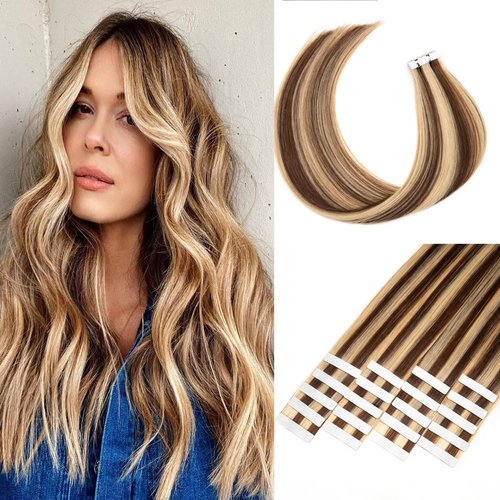 Senmy Real Hair Extensions Tape in Human Hair Chololate Brown to Blonde 14inch 20Pcs 40g/Pack Seamless Invisible Tape in Hair Extensions Human Hair