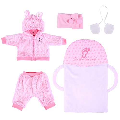BABESIDE 5 Pcs Reborn Baby Doll Accessories Set for 17-22 Inch Dolls, Bunny Baby Doll Clothes with Baby Doll Bassinet and Doll Scarf Doll Gloves for Realistic Baby Dolls Girl, Pink