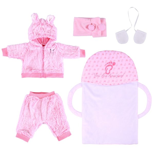 BABESIDE 5 Pcs Reborn Baby Doll Accessories Set for 17-22 Inch Dolls, Bunny Baby Doll Clothes with Baby Doll Bassinet and Doll Scarf Doll Gloves for Realistic Baby Dolls Girl, Pink