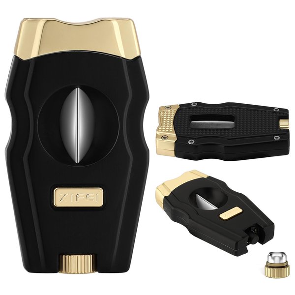 XIFEI Cigar Cutter, Stainless Steel V-Cut Cigar Cutter Built-in Cigar Puncher (Black Gold-1)