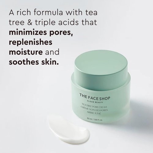The Face Shop Tea Tree Pore Cream - Pore Minimizer, Hydrating, Soothing Face Moisturizer - AHA, BHA, PHA - Protects Skin Barrier - Hyaluronic Acid, Panthenol, Cica, Vitamin B5 - Korean Skin Care