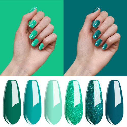 Vishine Gel Polish Set Green Teal Blue Glitter Colors 6pcs Soak Off UV LED Gel Nail Manicure Kit 8ML