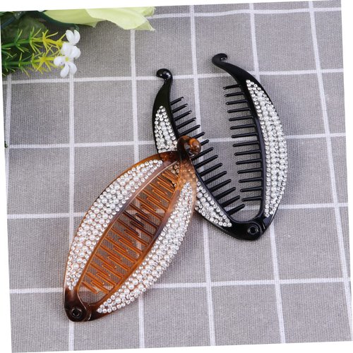 FRCOLOR Hair Clip for Women Small Banana Clips for Thin Hair Curly Hair Crystal Pearl Ponytail Clip Banana Claw Clip 2pcs