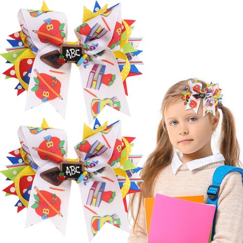 2Pcs School Bows for Girls, Back To School Hair Accessories, Cute Back To School Ribbon Bow Checkboard Designs Bows Hair Clips for Baby Girls School Students Hair Accessories