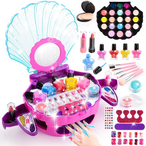 Girls Toys Age 3-12,Kids Makeup Sets for Girls ＆ Nail Polish Set with Dryer,Non-Toxic & Washable Pretend Play Mermaid Toys Christmas Birthday Gifts for 3 -12 Years Old