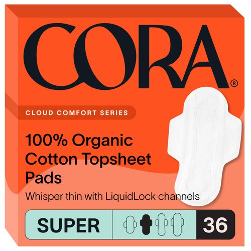 Cora 100% Organic Cotton Topsheet Pads | Ultra Thin Period Pads with Wings | Super Absorbency | Ultra-Absorbent Sanitary Pads for Women (36 Count)